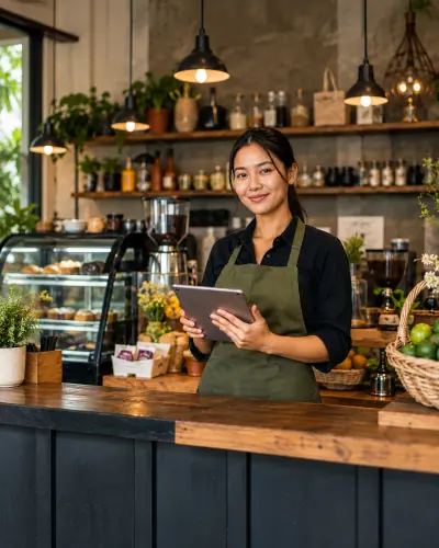 Shop owner holding a tablet in a café
